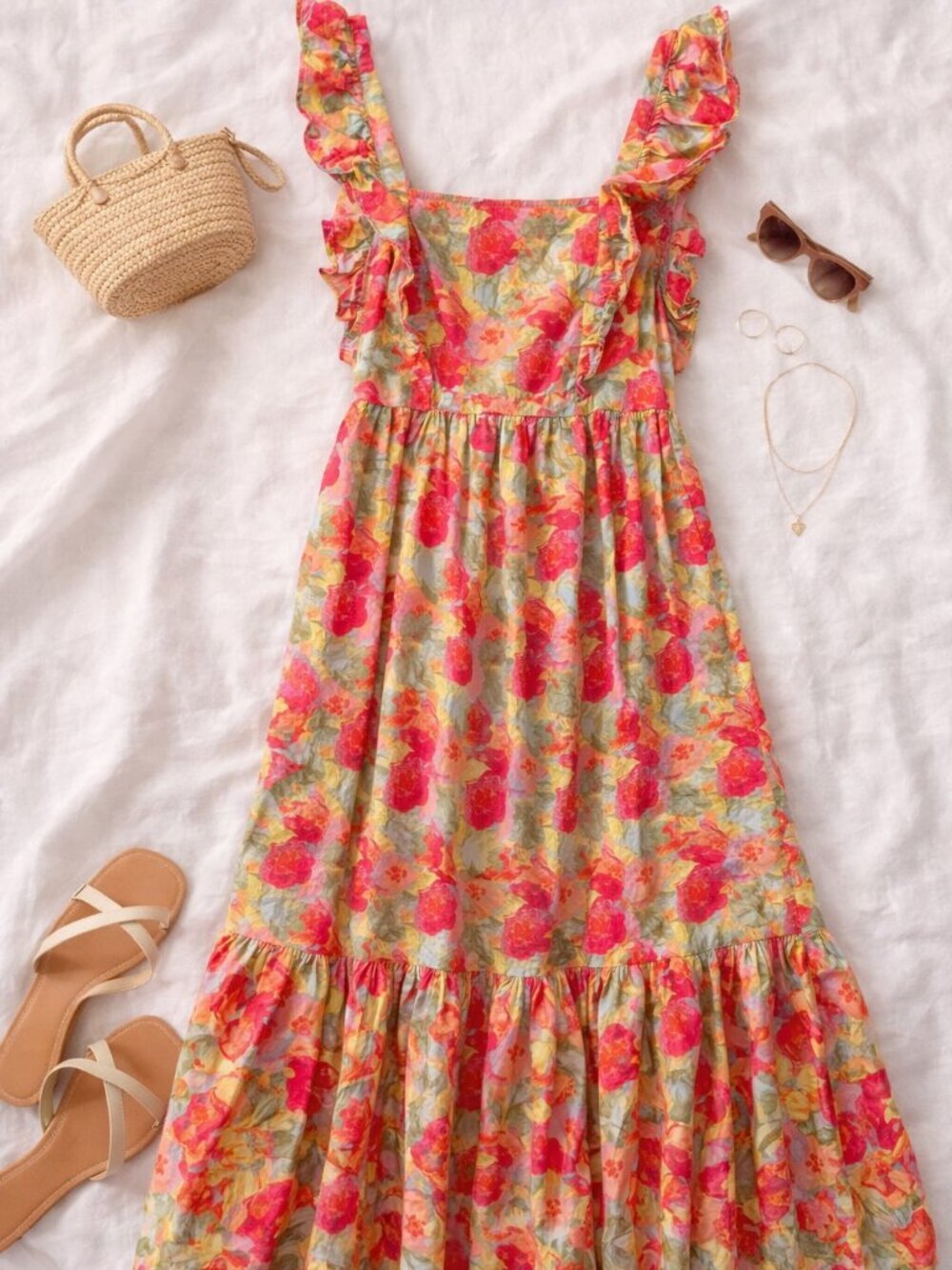 Peyton Parker Floral Midi Dress 1X Pink Green Ruffle Strap Smocked Cottagecore